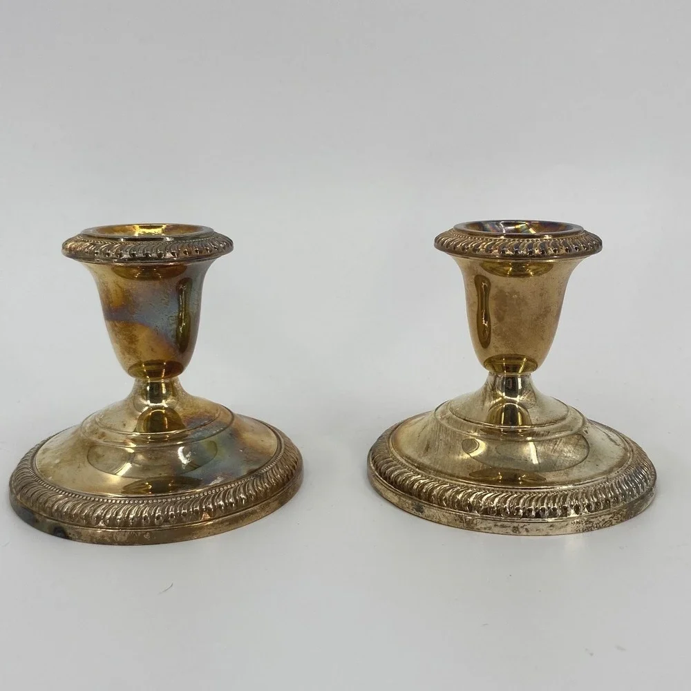 Vintage Silver Plate Weighted Candlestick‎ Holders Set of 2 Gadroon Rope Trim